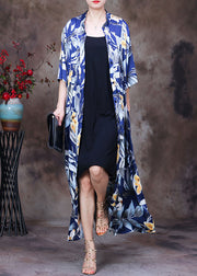 Fine Blue Stand Collar Print Wrinkled Button Silk Long Cardigans Half Sleeve