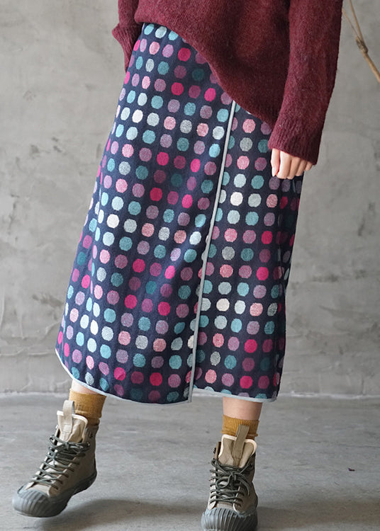 Fine Blue elastic waist asymmetrical design dot Woolen Skirt Spring