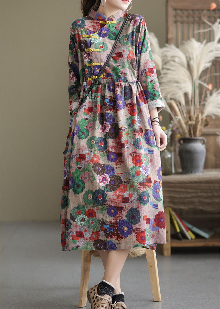 Fine Button Patchwork Print Dresses Spring