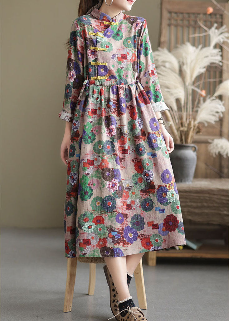 Fine Button Patchwork Print Dresses Spring