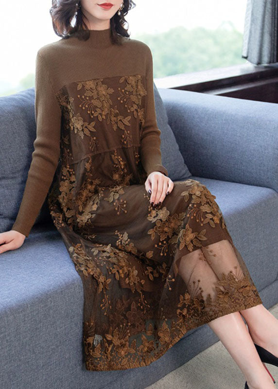 Fine Chocolate Embroideried Patchwork Warm Fleece Dresses Winter