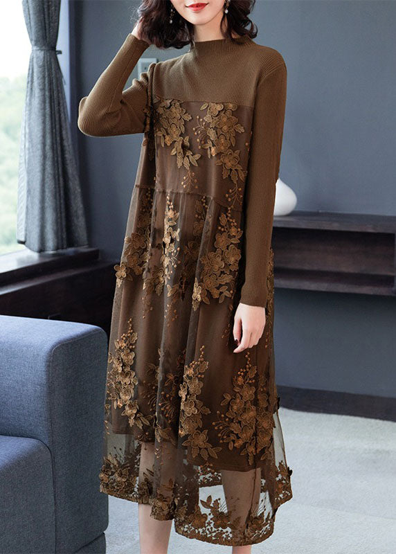 Fine Chocolate Embroideried Patchwork Warm Fleece Dresses Winter