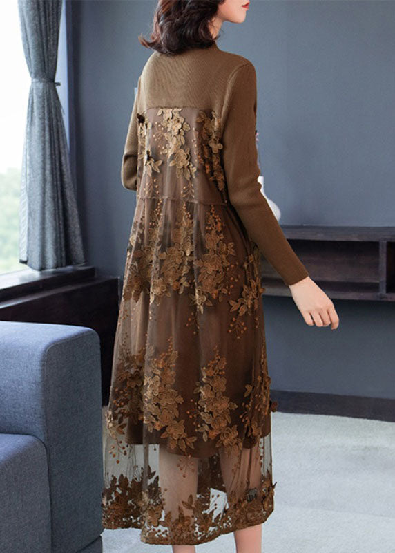 Fine Chocolate Embroideried Patchwork Warm Fleece Dresses Winter