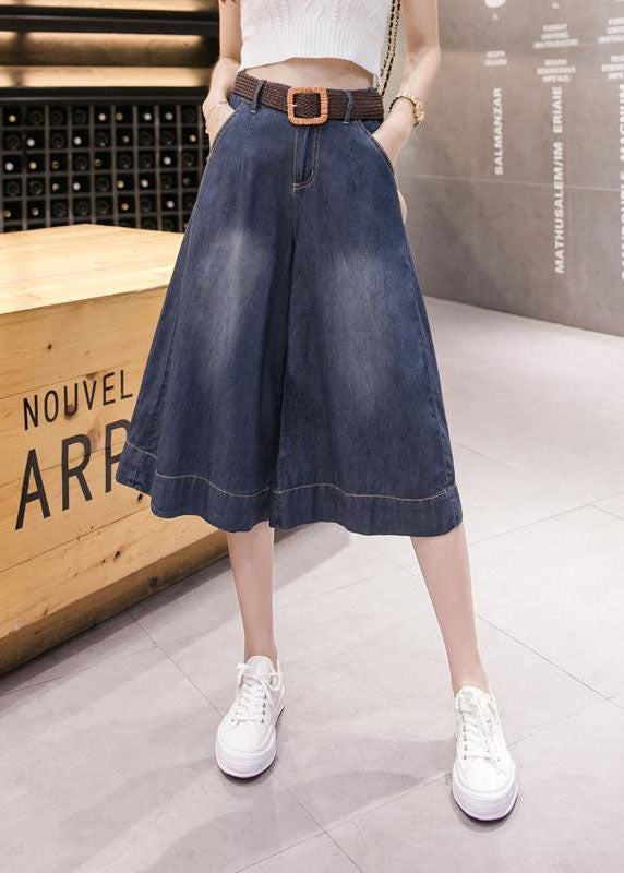 Fine Dark Blue High Waist Oversized Pockets Cotton Wide Leg Crop Pants Summer