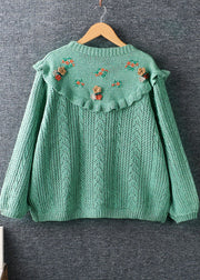 Fine Green Loose Ruffles Embroideried Button Fall Knit Sweater