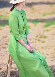 Fine Green Stand Collar tie waist Embroideried Linen Party Dress Half Sleeve