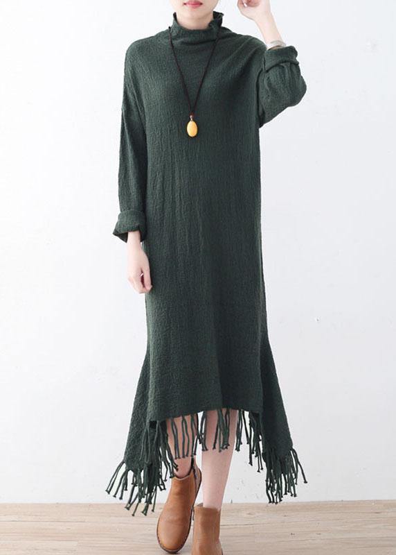 Fine Green Turtleneck Patchwork Fall Knit Sweater Dress - SooLinen