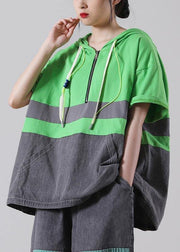 Fine Green hooded Patchwork Cotton Blouses Summer - SooLinen