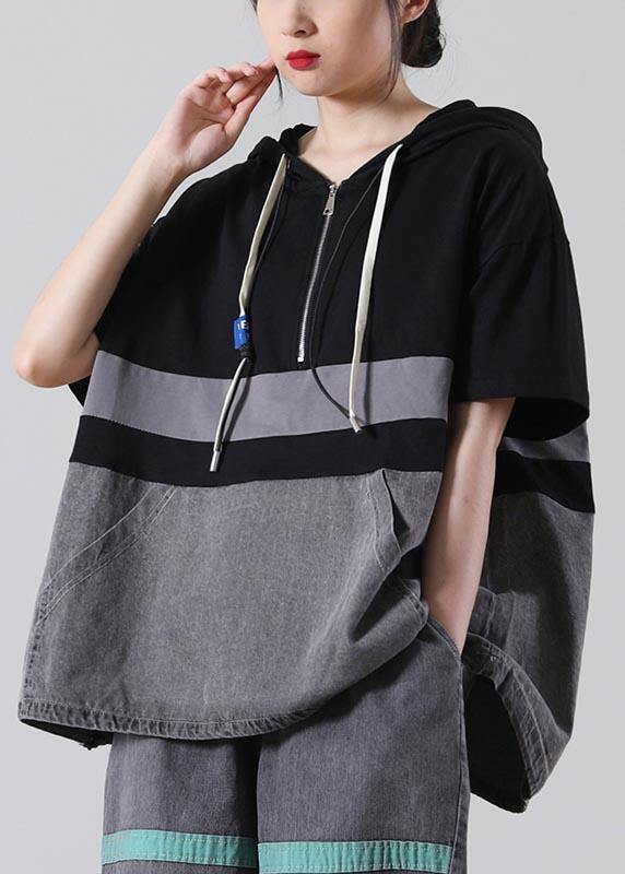 Fine Green hooded Patchwork Cotton Blouses Summer - SooLinen