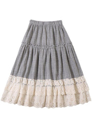 Fine Light Gray Plaid Patchwork Wrinkled Lace Fall Skirts - SooLinen