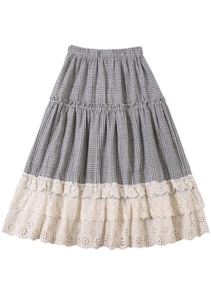 Fine Light Gray Plaid Patchwork Wrinkled Lace Fall Skirts - SooLinen