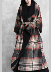 Fine Loose fitting maxi coat red plaid Notched tie waist Woolen Coat Women - SooLinen