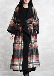 Fine Loose fitting maxi coat red plaid Notched tie waist Woolen Coat Women - SooLinen