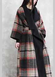 Fine Loose fitting maxi coat red plaid Notched tie waist Woolen Coat Women - SooLinen