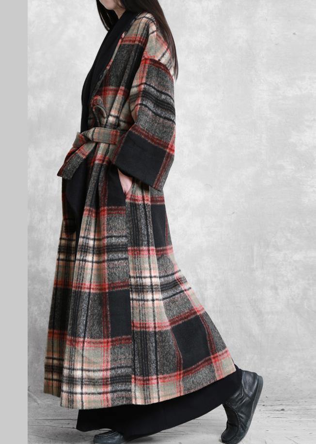 Fine Loose fitting maxi coat red plaid Notched tie waist Woolen Coat Women - SooLinen