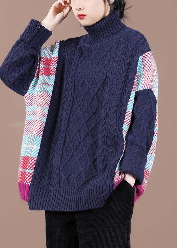 Fine Navy Patchwork High neck Fall Knit Sweater - SooLinen