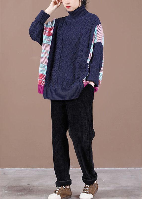 Fine Navy Patchwork High neck Fall Knit Sweater - SooLinen