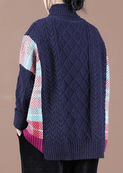 Fine Navy Patchwork High neck Fall Knit Sweater - SooLinen