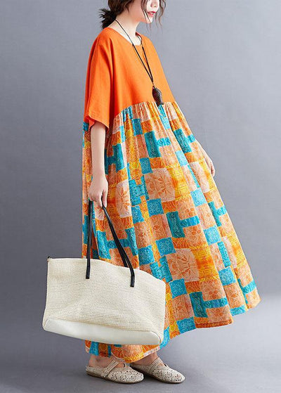 Fine Orange Loose Patchwork Print Summer Holiday Dress Half Sleeve - SooLinen