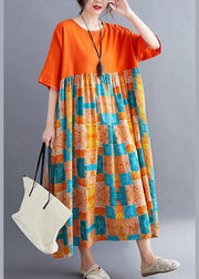 Fine Orange Loose Patchwork Print Summer Holiday Dress Half Sleeve - SooLinen