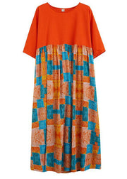 Fine Orange Loose Patchwork Print Summer Holiday Dress Half Sleeve - SooLinen