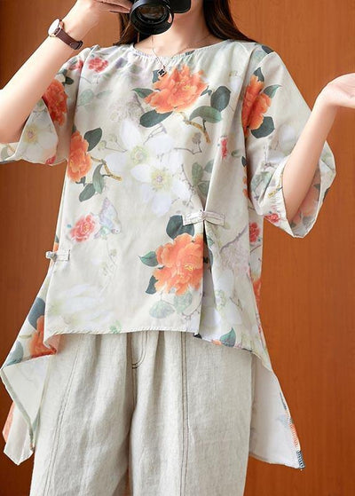 Fine Print low high design Oriental Linen Summer Blouse Top - SooLinen