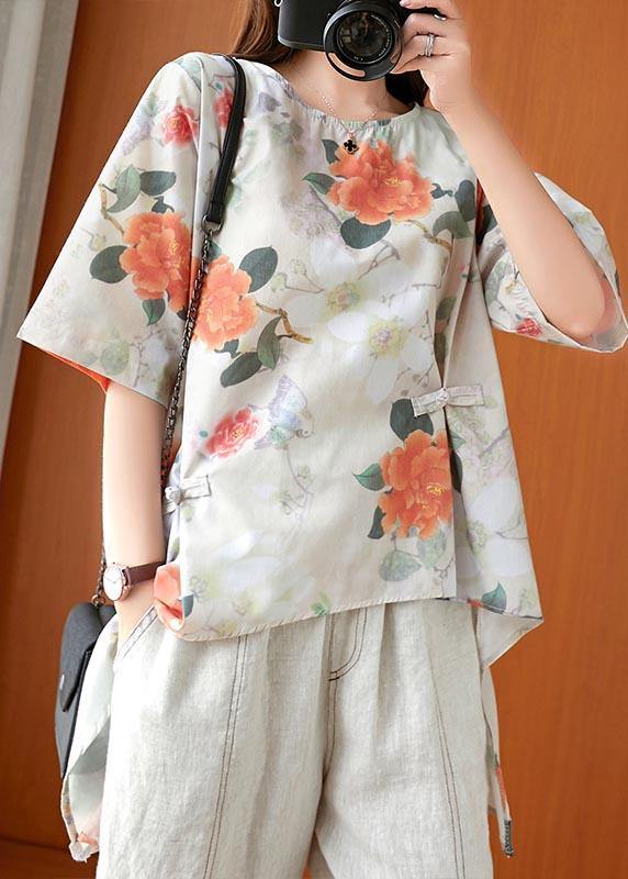 Fine Print low high design Oriental Linen Summer Blouse Top - SooLinen