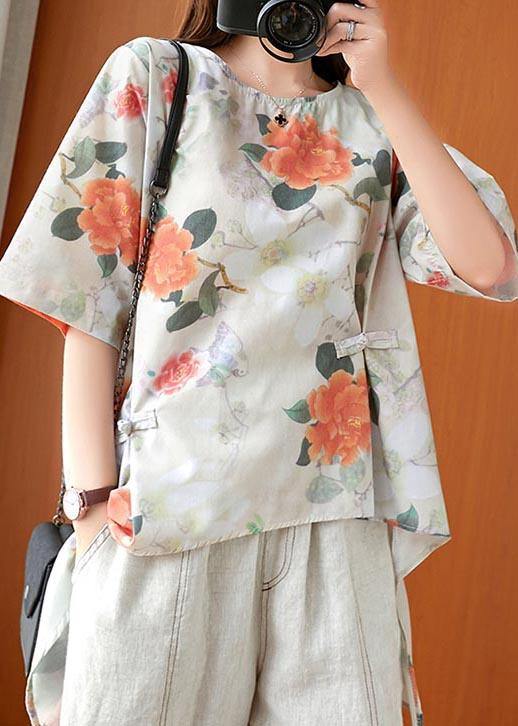 Fine Print low high design Oriental Linen Summer Blouse Top - SooLinen