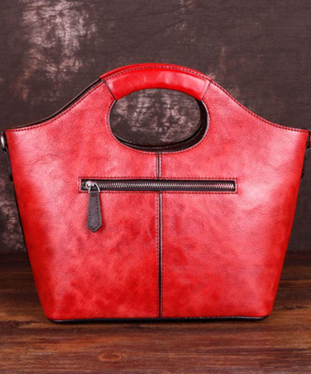 Fine Red Floral Paitings Calf Leather Tote Handbag