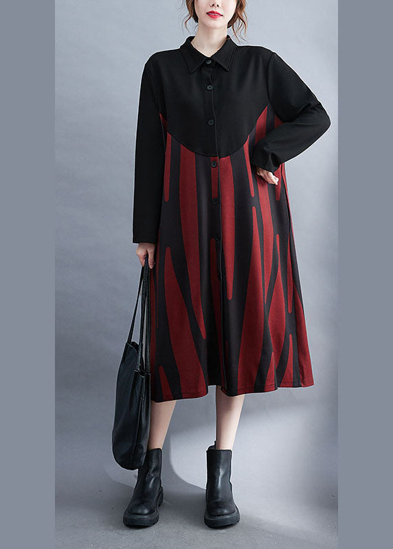 Fine Red PeterPan Collar Patchwork Button Fall Long sleeve Dress