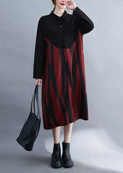 Fine Red PeterPan Collar Patchwork Button Fall Long sleeve Dress