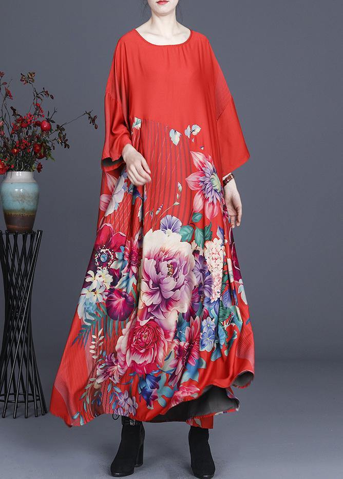 Fine Red Print O-Neck long Silk Dress Summer - SooLinen