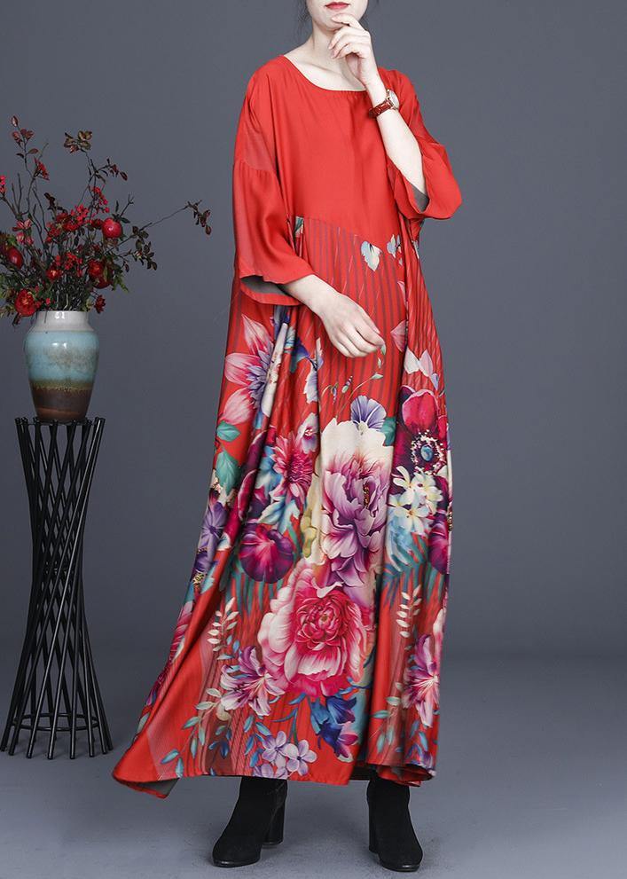 Fine Red Print O-Neck long Silk Dress Summer - SooLinen