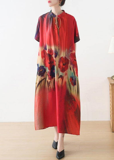 Fine Red Print Short Sleeve Holiday Summer Chiffon Dress - SooLinen