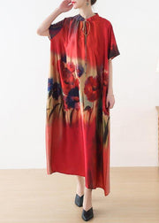 Fine Red Print Short Sleeve Holiday Summer Chiffon Dress - SooLinen