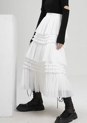 Fine White Asymmetrical wrinkled Tulle Skirts Spring