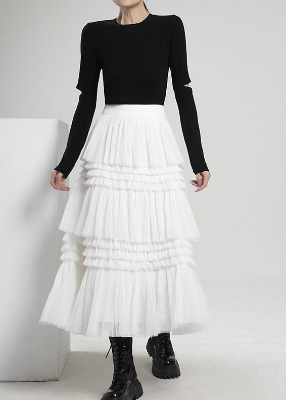 Fine White Asymmetrical wrinkled Tulle Skirts Spring