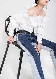 Fine White Cold Shoulder Slash neck Long sleeve Shirt Tops - SooLinen