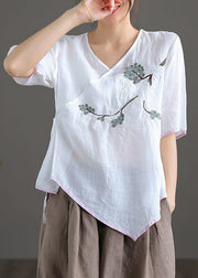 Fine White V Neck Embroideried Floral Linen Top Short Sleeve