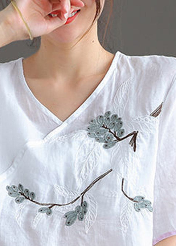 Fine White V Neck Embroideried Floral Linen Top Short Sleeve