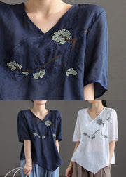 Fine White V Neck Embroideried Floral Linen Top Short Sleeve