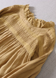 Fine Yellow Embroideried Patchwork Linen Long Dress Spring