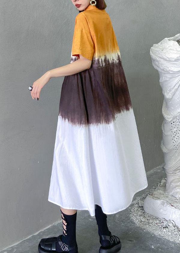 Fine Yellow Tie Dye Buttontie Sashes Short Sleeve Dresses - SooLinen