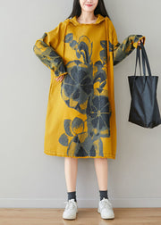 Fine Yellow drawstring Hooded Print Pullover dresses Spring