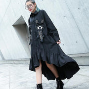 Fine black autumn shirt dress trendy plus size Turn-down Collar gown Fine asymmetrical design large hem shirt dress