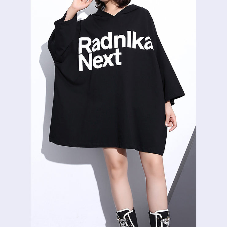 Fine black cotton tops plus size clothing hooded cotton t shirts casual back side open cotton blouses