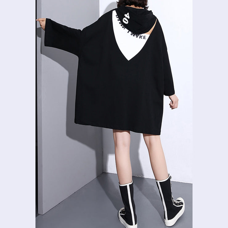 Fine black cotton tops plus size clothing hooded cotton t shirts casual back side open cotton blouses