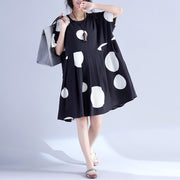 Fine black dotted pure cotton dress oversized cotton maxi dress casual o neck high waist knee dresses