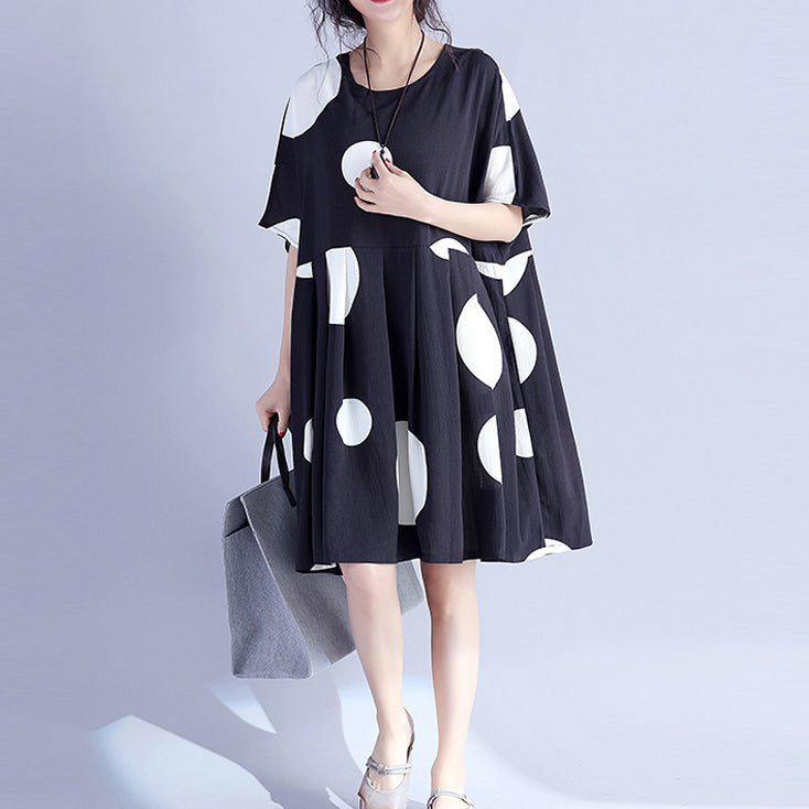 Fine black dotted pure cotton dress oversized cotton maxi dress casual o neck high waist knee dresses