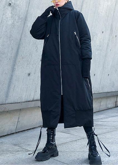 Fine black winter parkas oversize hooded zippered winter coats - SooLinen